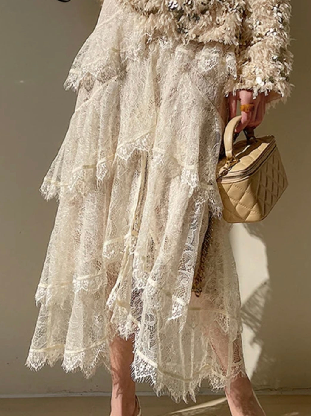 Beige lace fabric asymmetrical layered midi skirt