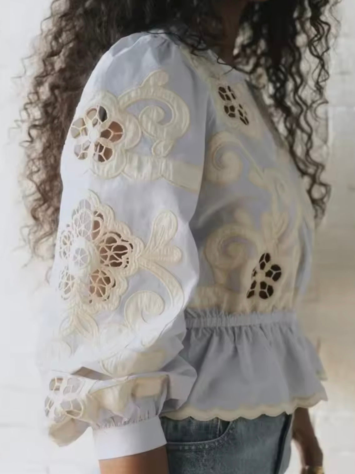 Light Blue and white with beige crochet floral lace shirt