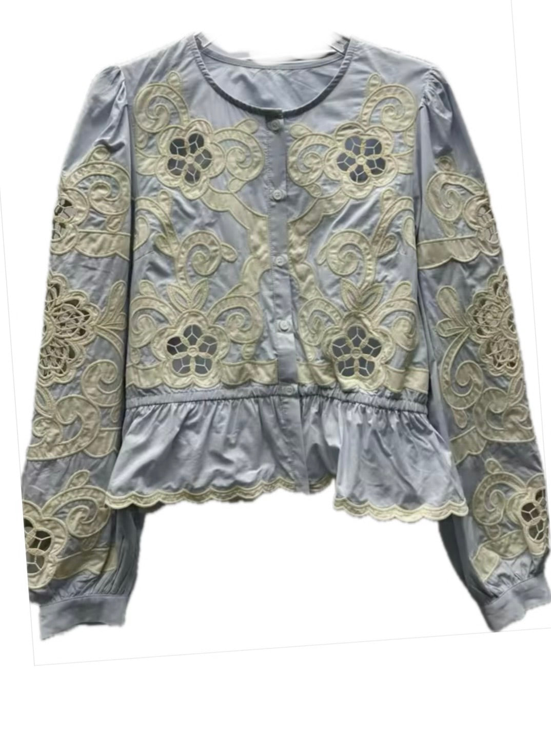 Light Blue and white with beige crochet floral lace shirt