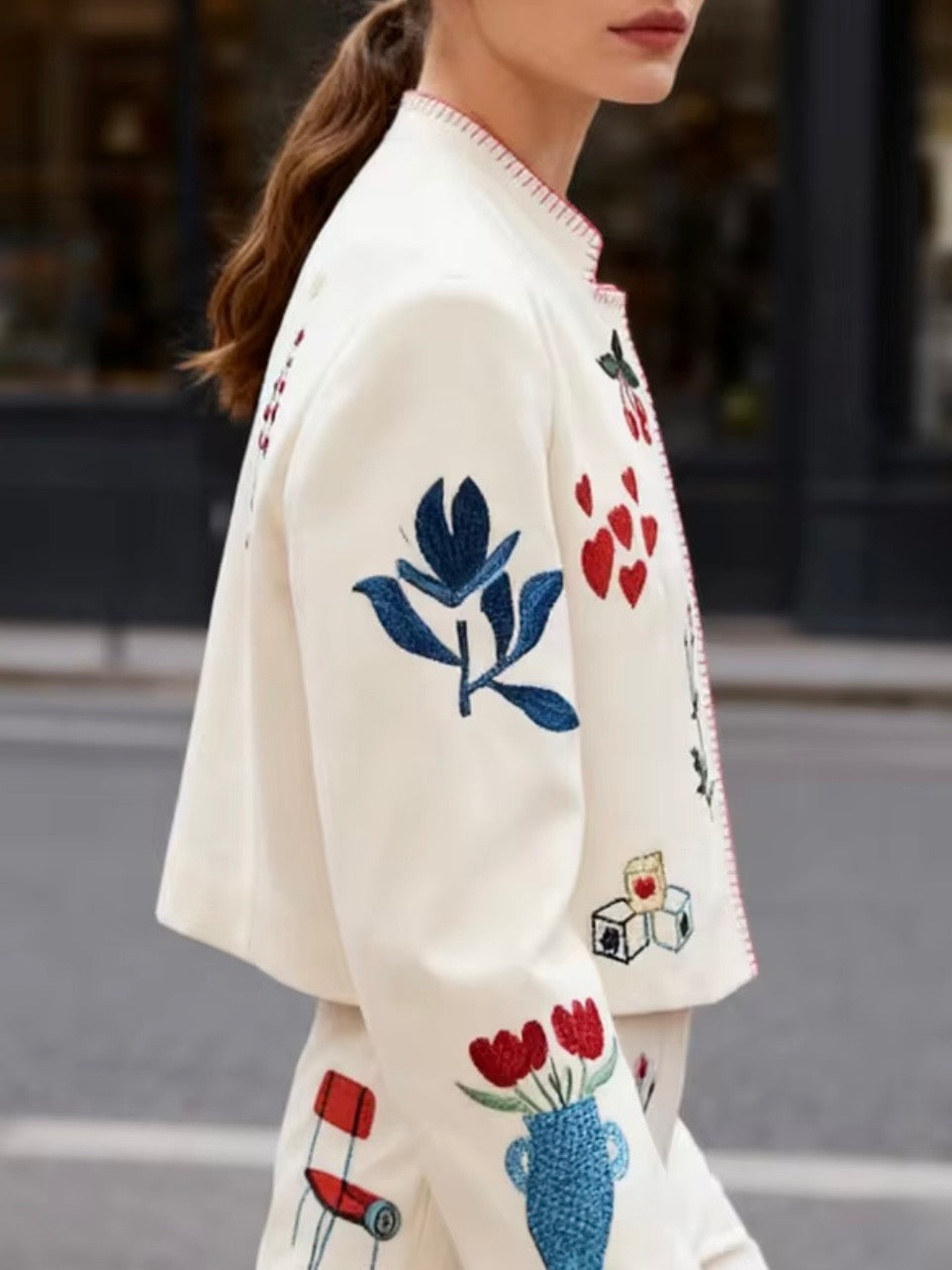 Creamy White floral and coffee embroidered jacket