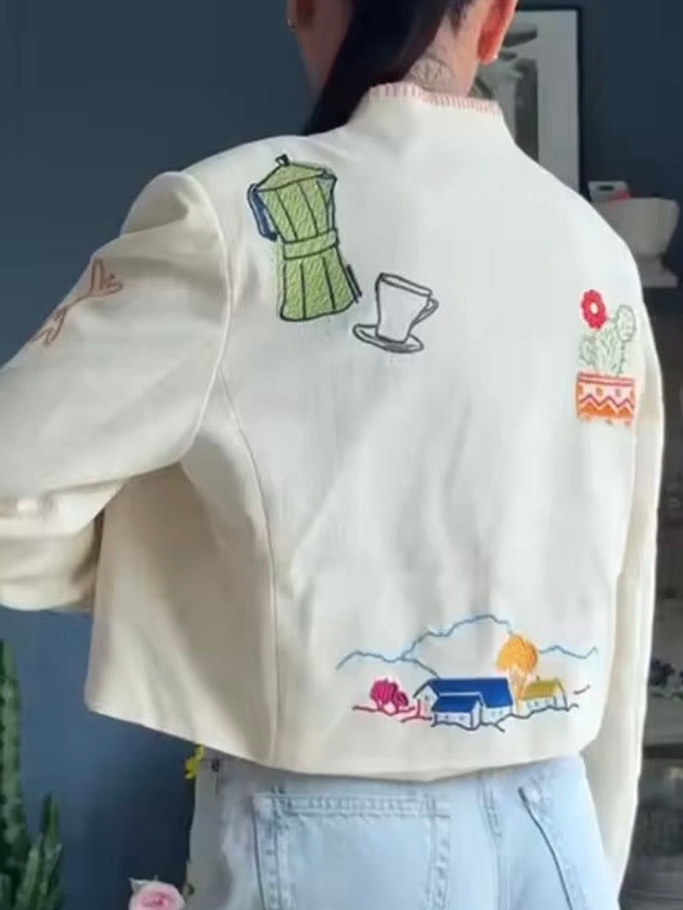 Creamy White floral and coffee embroidered jacket