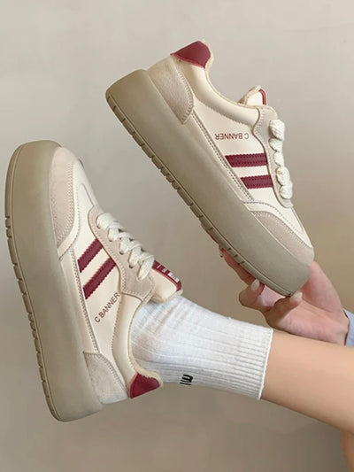 Beige and burgundy platform lace up sneakers