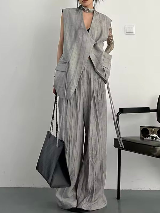 Gray striped set of 2 crossed vest top and pants