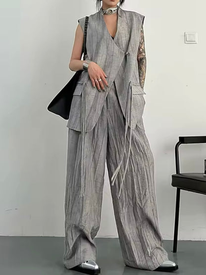 Gray striped set of 2 crossed vest top and pants