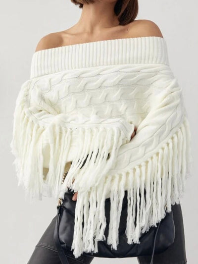 White tassels off shoulder knitted sweater