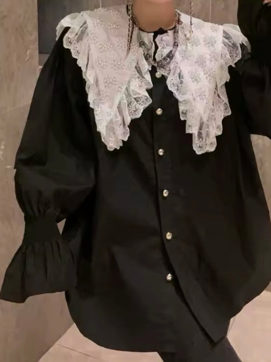 Black and white lace hem shirt long sleeves