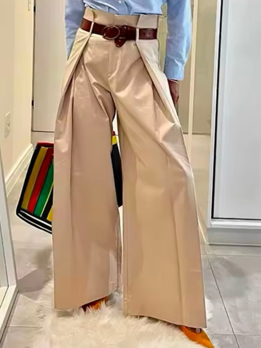 Beige big pleats loose fit wide pants