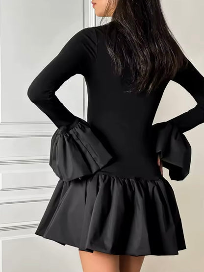 Black long sleeves ruffled mix fabrics short dress