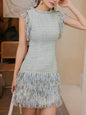 Light blue spaghetti fringes tassels tube mini dress