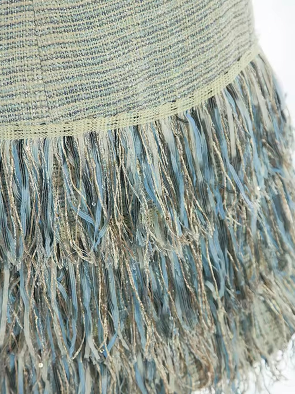 Light blue spaghetti fringes tassels tube mini dress