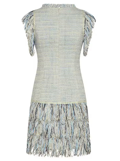 Light blue spaghetti fringes tassels tube mini dress