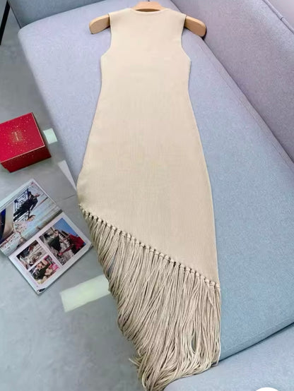 Beige spaghetti fringes tassels tube midi dress