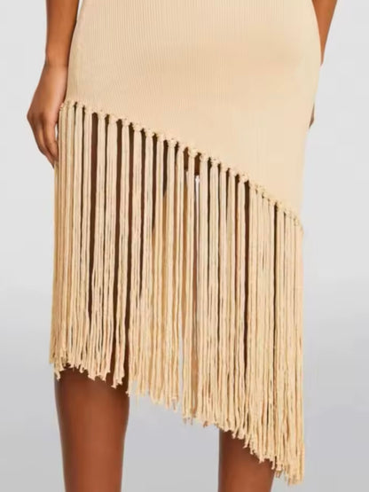 Beige spaghetti fringes tassels tube midi dress