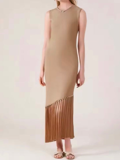 Beige spaghetti fringes tassels tube midi dress