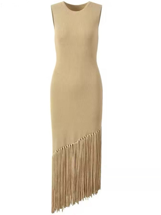 Beige spaghetti fringes tassels tube midi dress