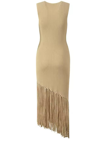 Beige spaghetti fringes tassels tube midi dress