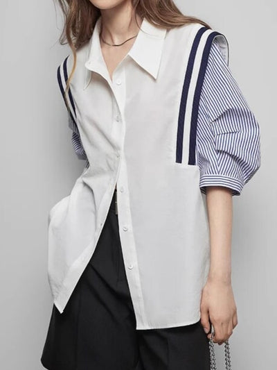 White and blue sleeves mix fabrics shirt