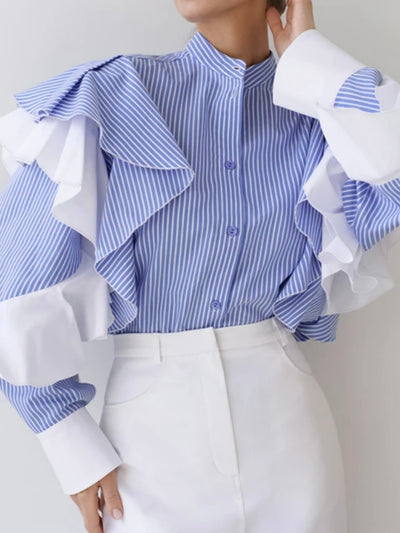 White and blue ruffles shirt