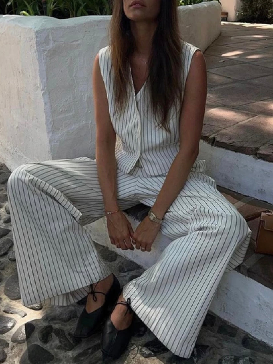 White and black striped set of 2 vest top and pants