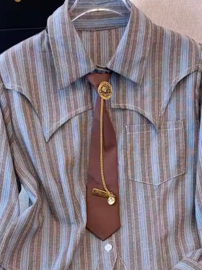 Blue and brown striped tie shirt