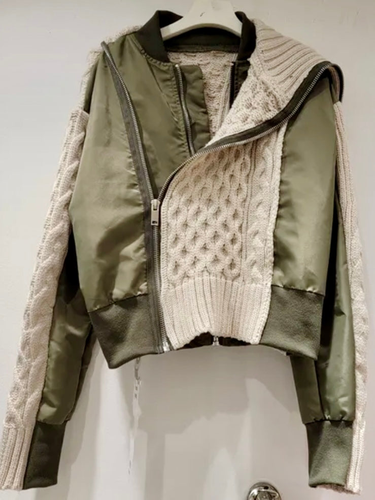 Green olive and beige knitted double zipper clip jacket
