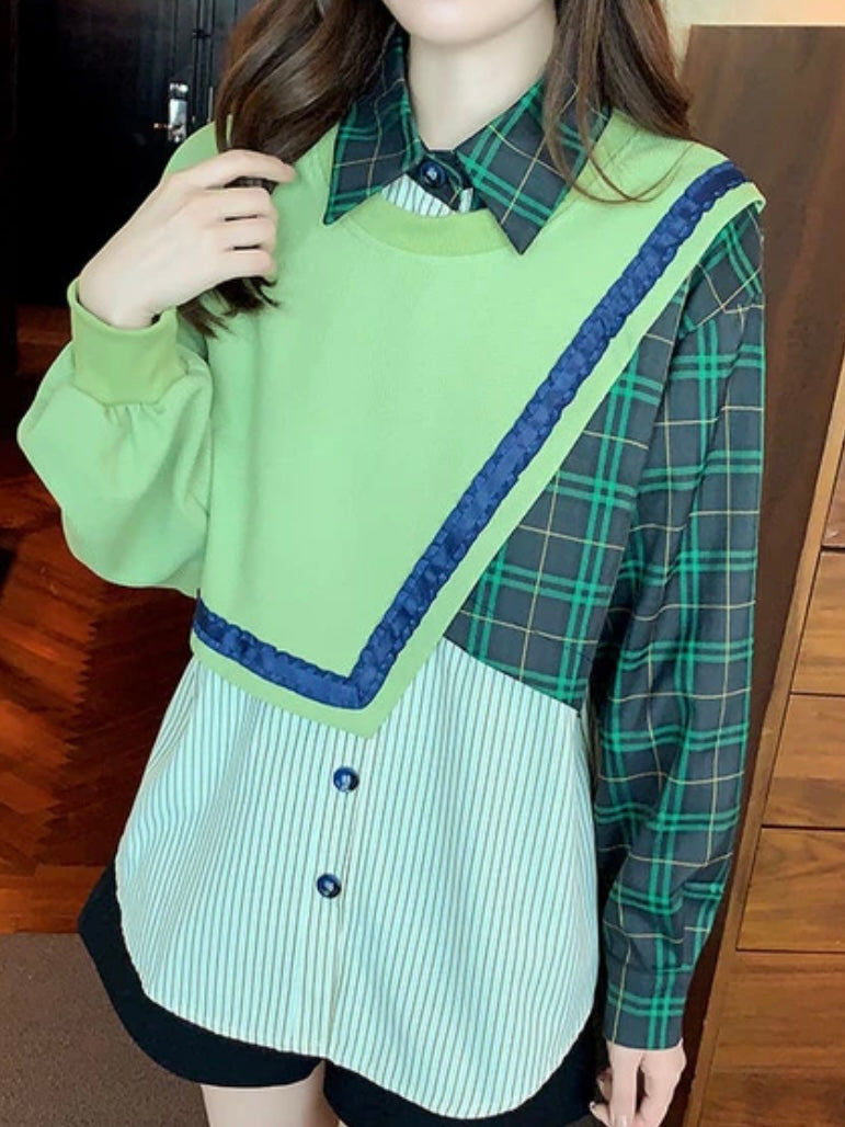 Green, stripes and squares mix fabrics shirt