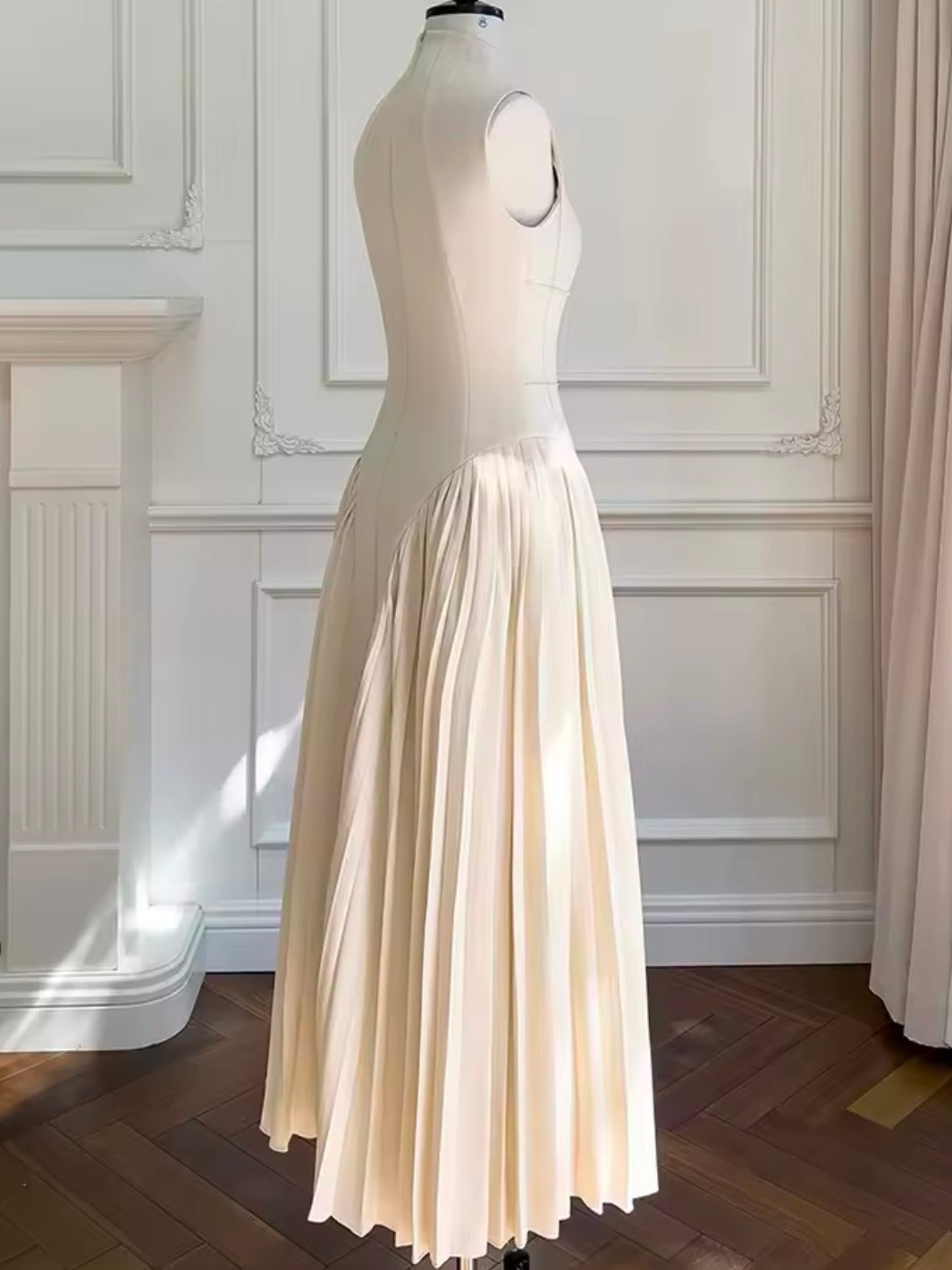 Beige pleated maxi dress