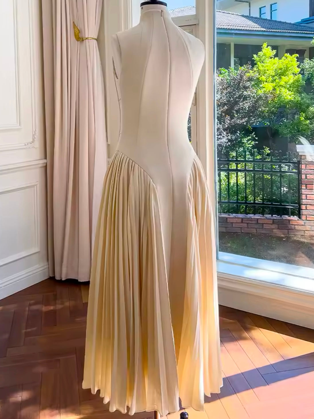 Beige pleated maxi dress