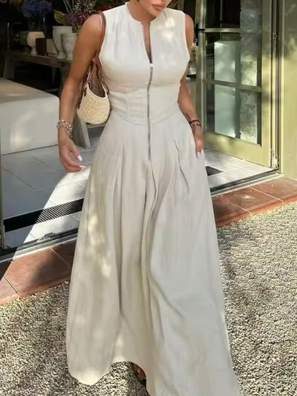 Beige zippered front sleeveless maxi dress