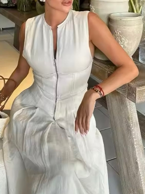 Beige zippered front sleeveless maxi dress