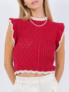 Red and cream ruffled crop knitted top