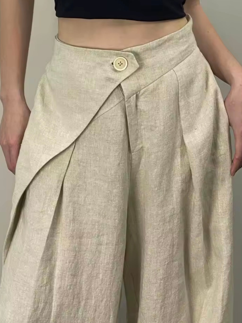 Beige pleats loose wide linen pants