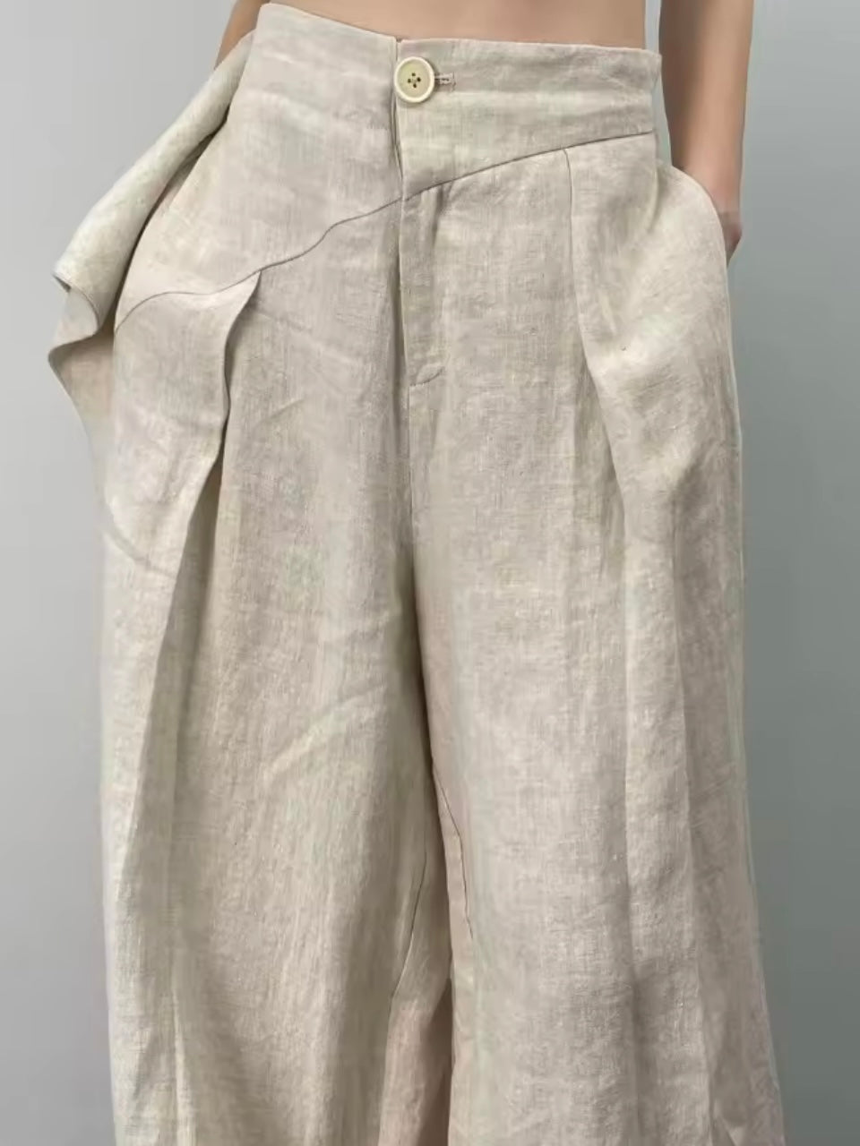 Beige pleats loose wide linen pants