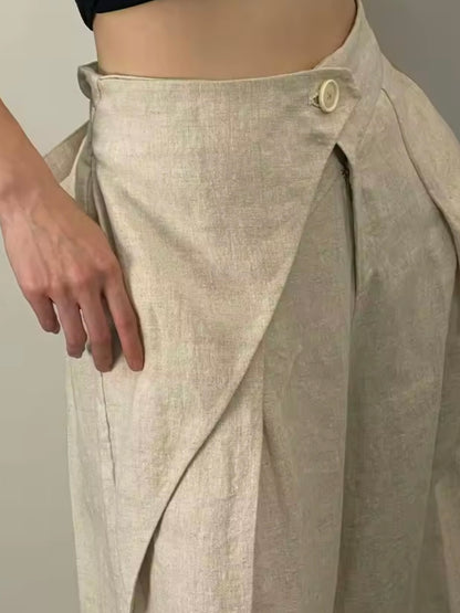 Beige pleats loose wide linen pants