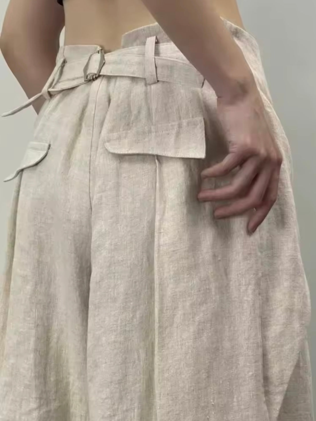 Beige pleats loose wide linen pants