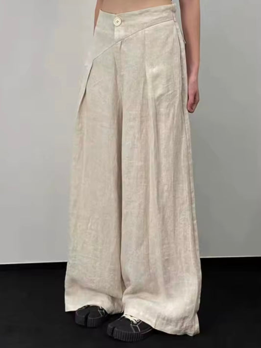 Beige pleats loose wide linen pants