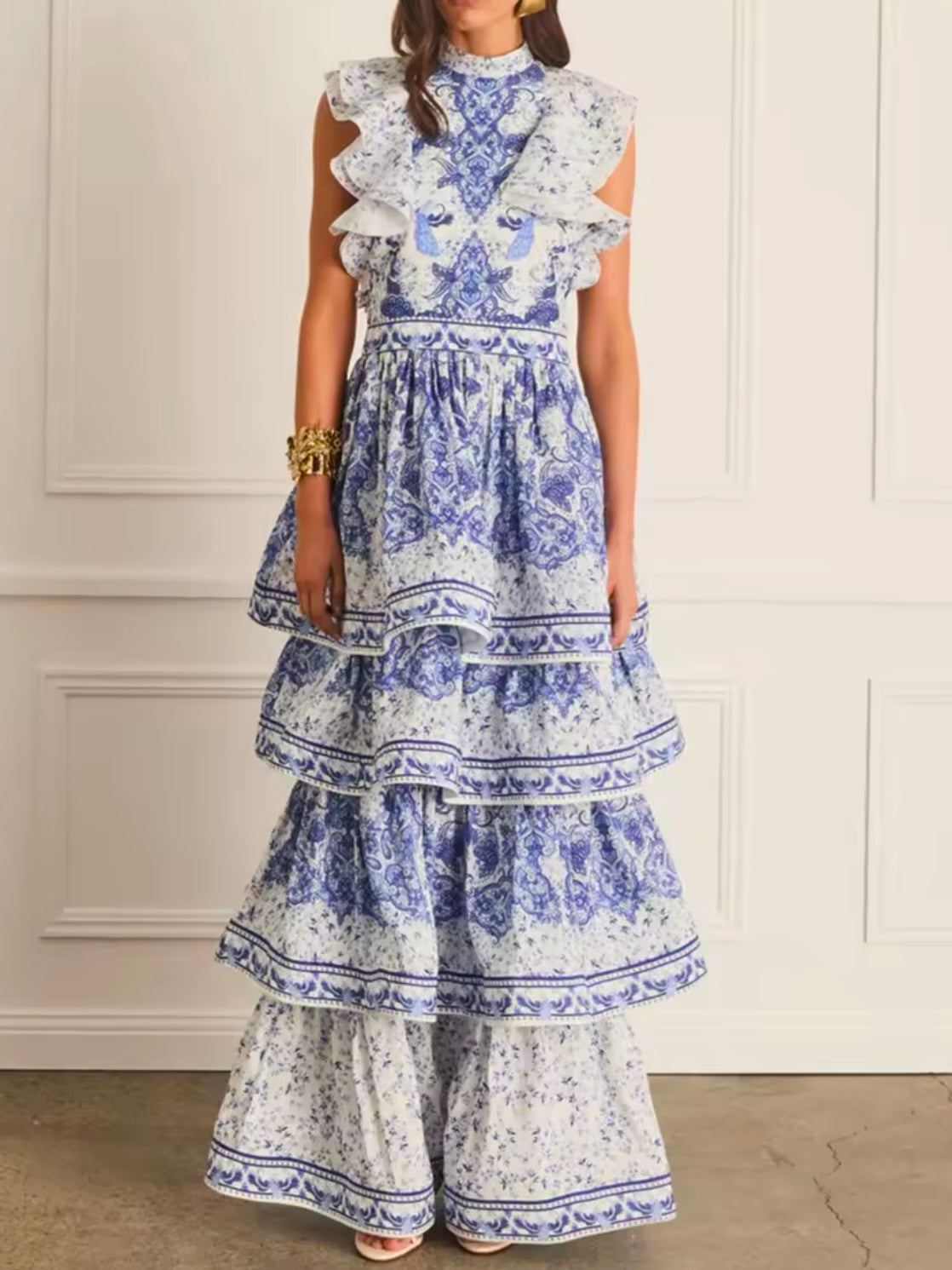 Blue and white ruffle layered maxi dress