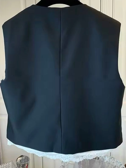 Navy blue mix fabrics lace sleeveless vest top