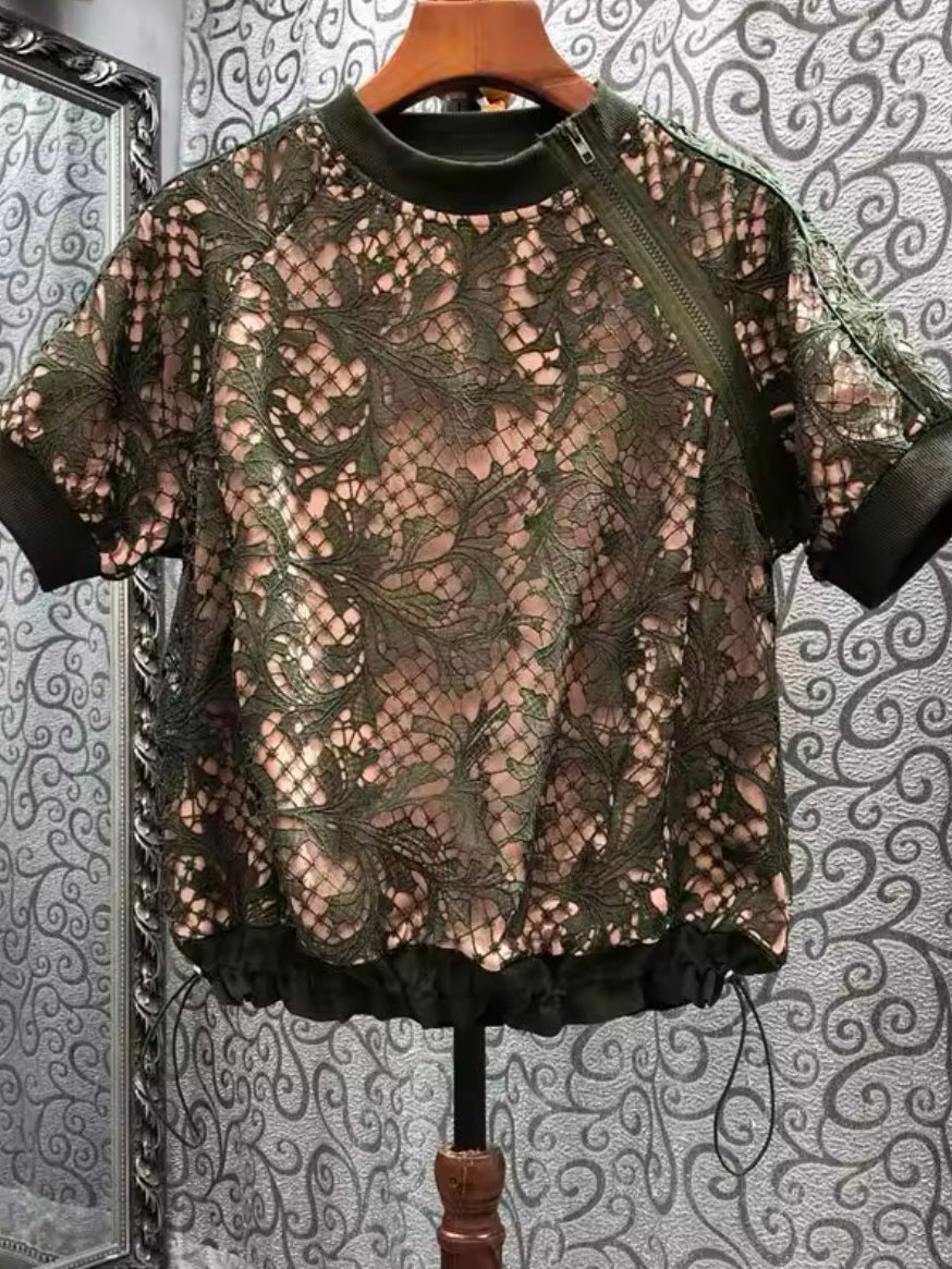 Dark green mix fabrics two layers lace short sleeves top