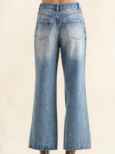 Studded wide leg washed mid blue pants
