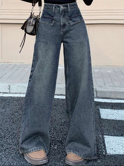 Blue jeans wide leg flaps pockets pants