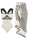 White and black set of 2 swimsuit and maxi skirt stripes printed