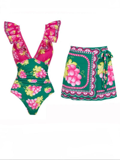 Green and fuchsia set of 2 swimsuit and short floral printed