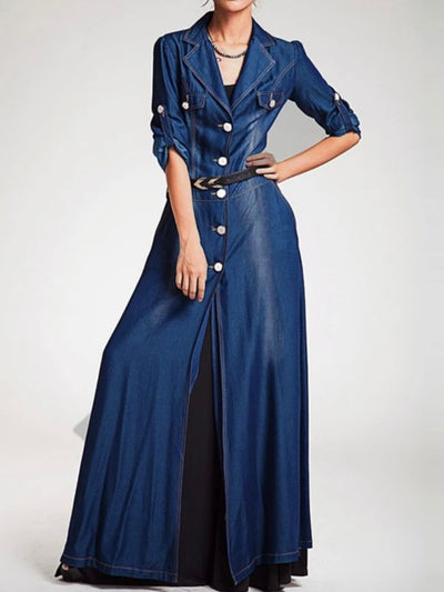 Blue denim long sleeves maxi dress buttons closure