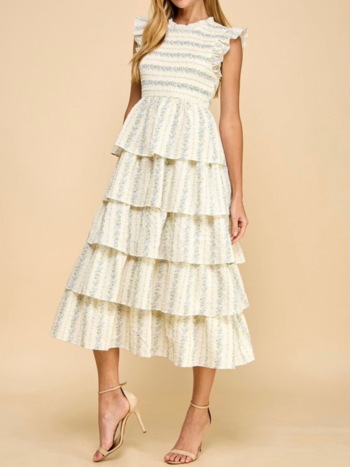 Beige and floral stripes layered ruffled midi dress