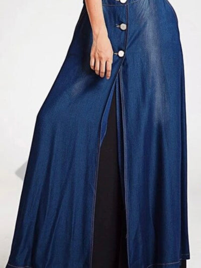 Blue denim long sleeves maxi dress buttons closure