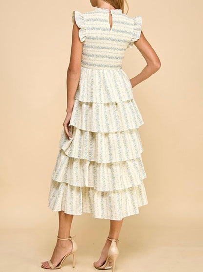 Beige and floral stripes layered ruffled midi dress