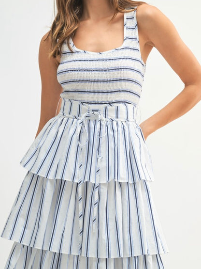 Blue and white striped layered ruffled midi dress