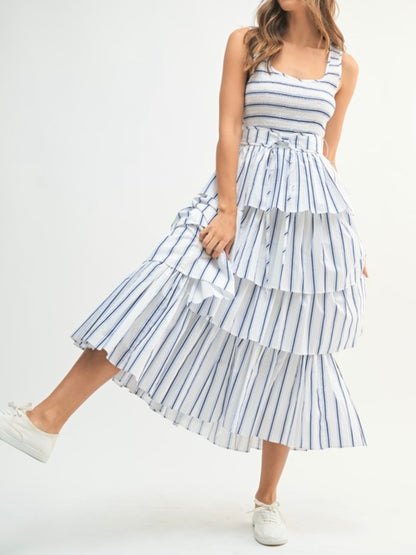 Blue and white striped layered ruffled midi dress