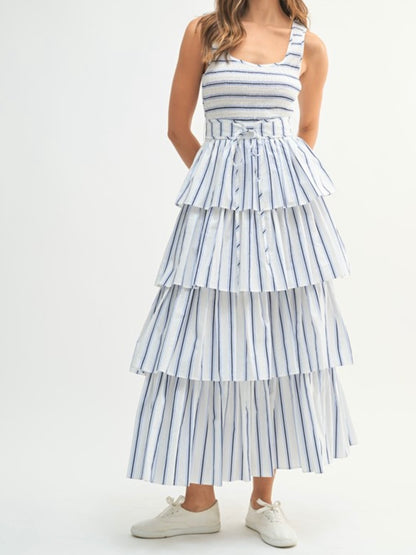 Blue and white striped layered ruffled midi dress